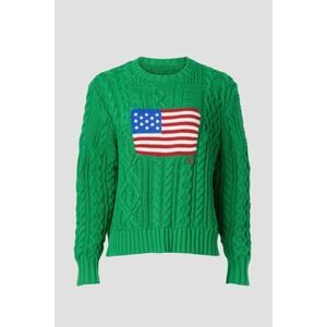 Women's Size Small  Polo Ralph Lauren Green Aran Knit Cotton USA  Flag Sweater
